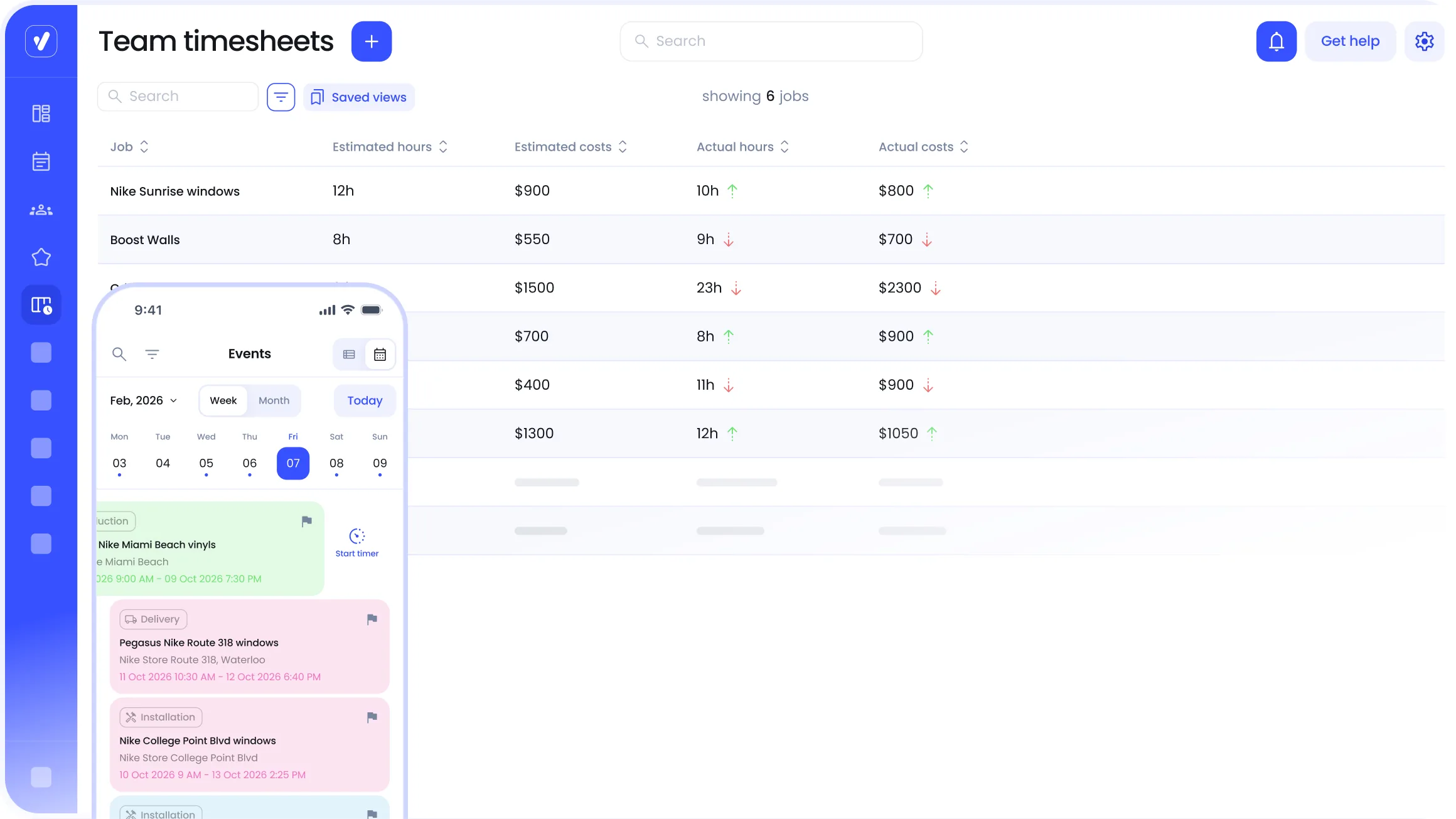 Vantage team timesheets comparing estimated and actual hours